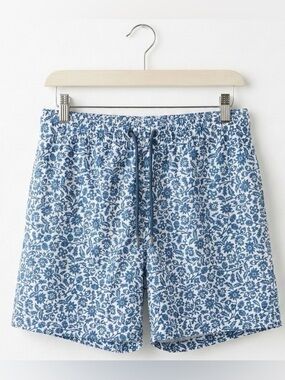 Onia Men's Swim Trunks Blue White Floral Botanical 5" Inseam Elastic Waist